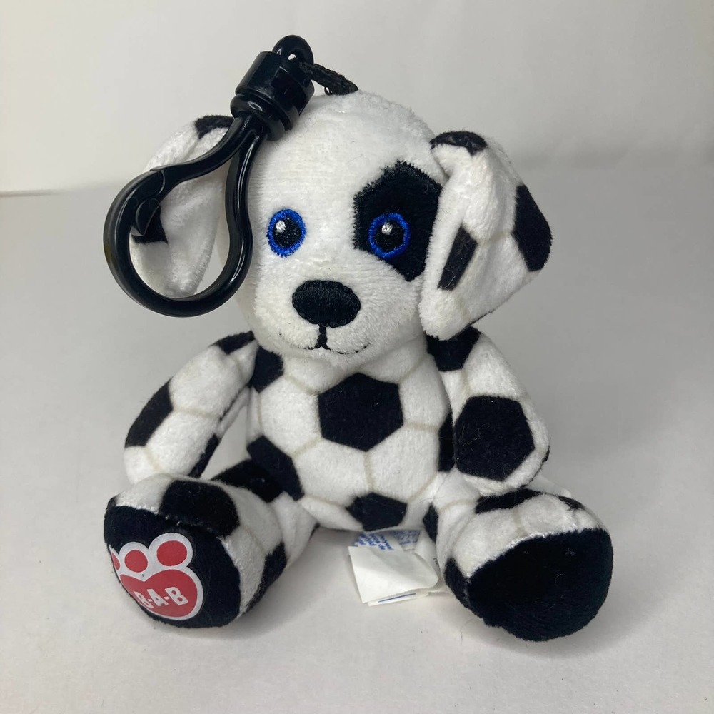 Build a Bear Soccer Dog Keychain Plush Stuffed Animal Toy  Black White